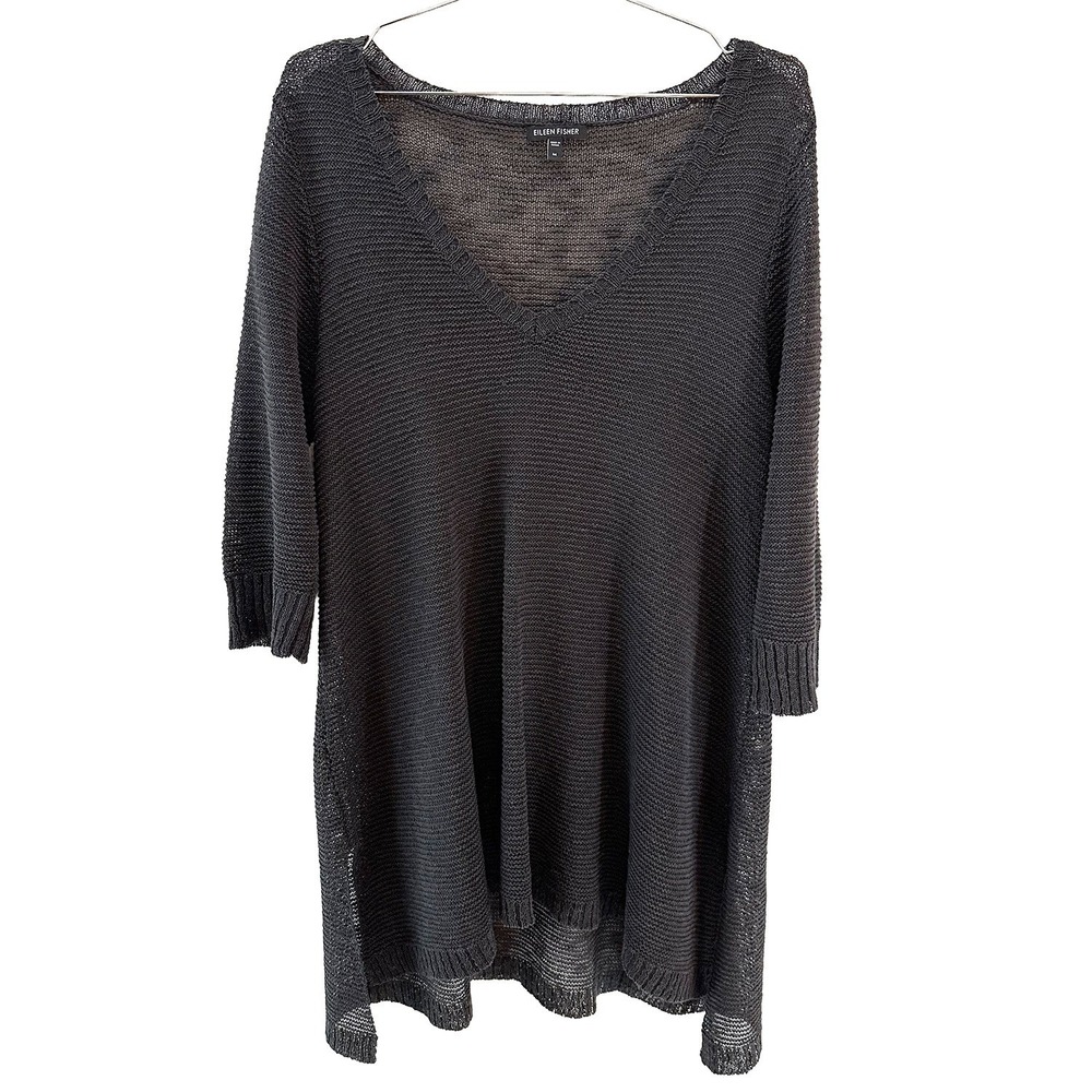 EILEEN FISHER Linen Blend Open Knit V-neck Tunic Sweater • Medium •‎ gray